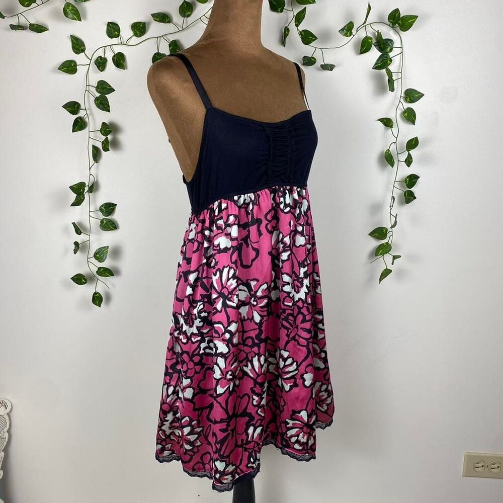 DKNY y2k pink & black floral print slip dress spaghetti strap ruffle 2000s